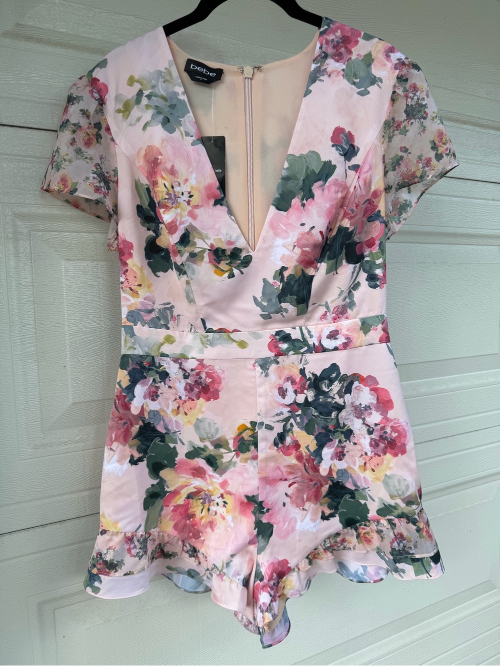 bebe Pink Floral V-Neck Mini Romper